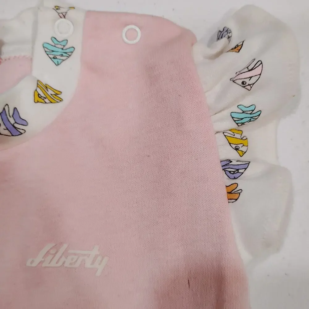 Vintage Girls Toddler 2 Month Liberty Additions Pink White Fish Ruffle Shirt